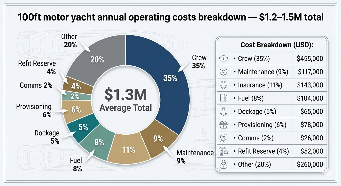 100ft motor yacht annual operating costs breakdown: Crew 35% ($455,000), Insurance 11% ($143,000), Fuel 8% ($104,000), Maintenance 9% ($117,000), Dockage 5% ($65,000), total $1.3M average