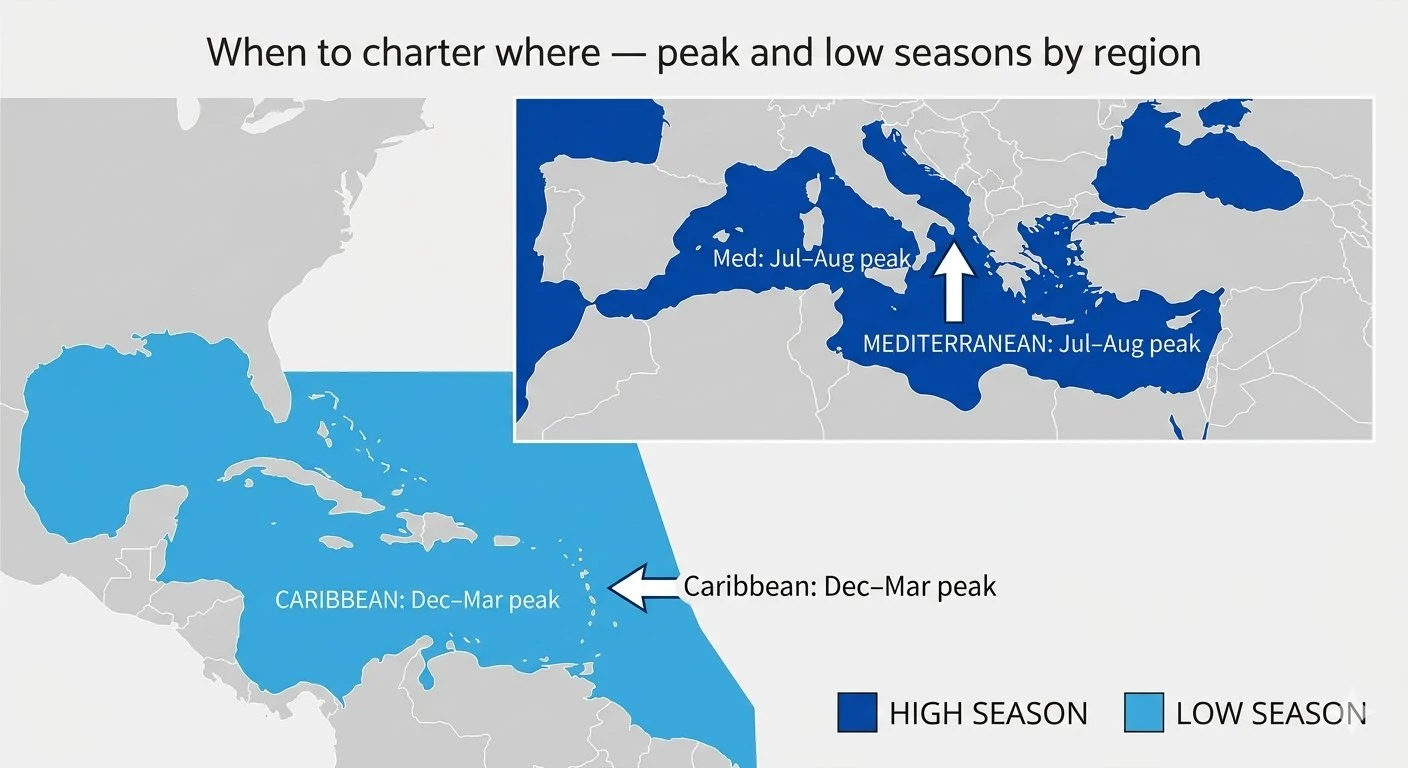 Map showing charter peak and low seasons by region: Mediterranean high season July–August shown in dark blue, Caribbean high season December–March shown in light blue