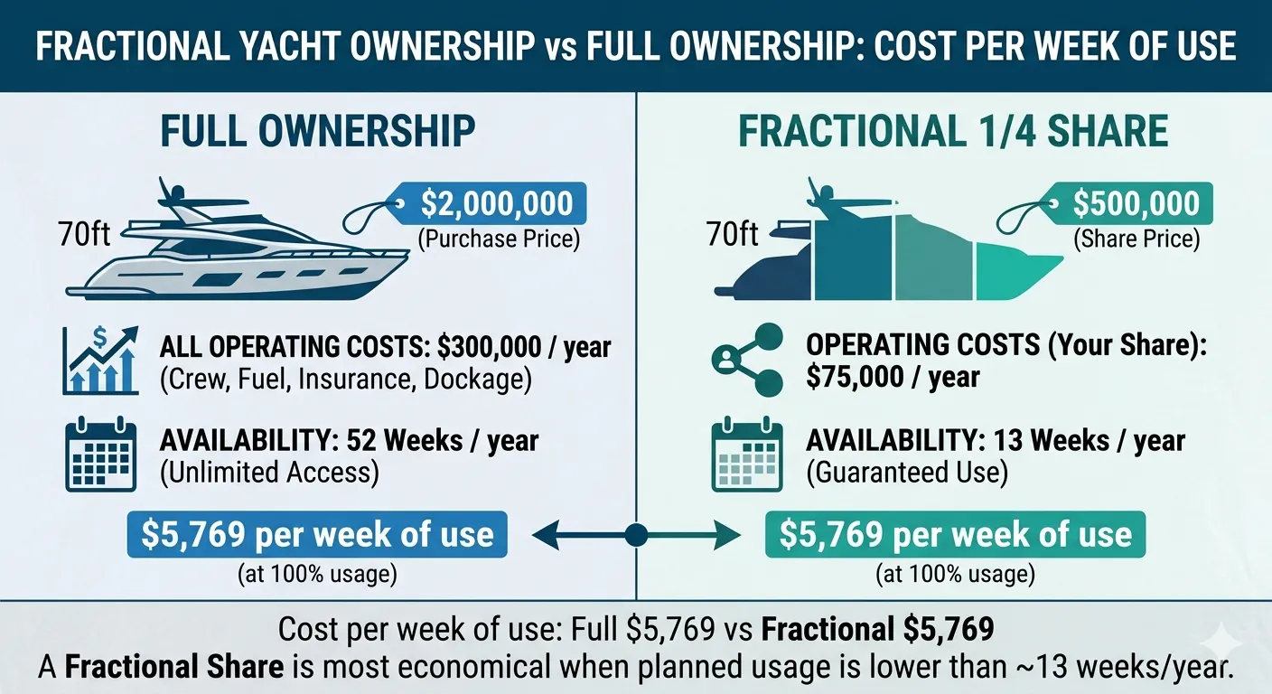 Fractional yacht ownership vs full ownership cost per week of use: 70ft yacht, full ownership $2M purchase $300,000/year = $5,769/week at 100% use; fractional 1/4 share $500,000 $75,000/year = $5,769/week at 100% use — fractional wins when usage is below 13 weeks/year