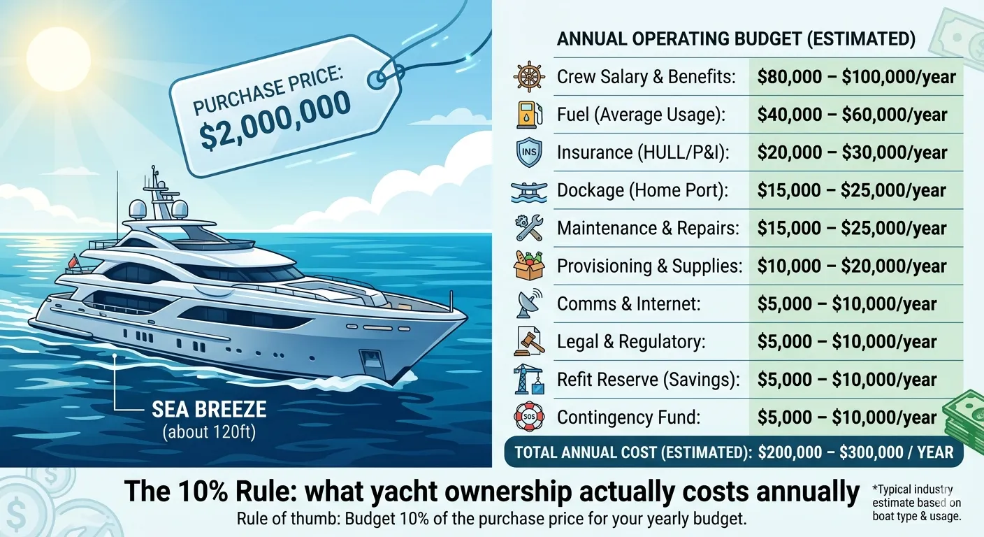 The 10% Rule for yacht ownership: a $2,000,000 yacht costs $200,000-$300,000 per year to operate, covering crew, fuel, insurance, dockage, maintenance and more