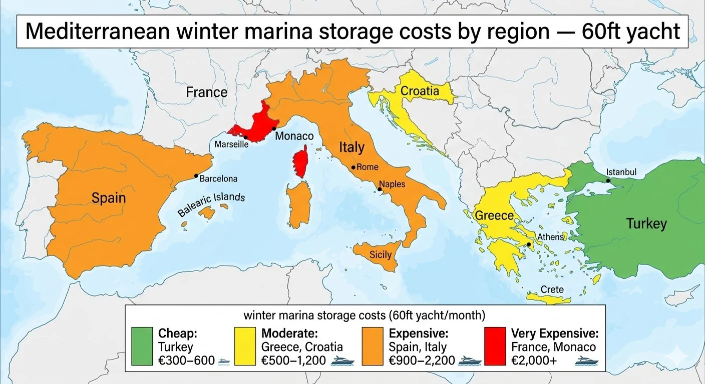 Color-coded map of Mediterranean showing winter marina storage costs for a 60ft yacht per month: Turkey green €300–600, Greece and Croatia yellow €500–1,200, Spain and Italy orange €900–2,200, France and Monaco red €2,000+