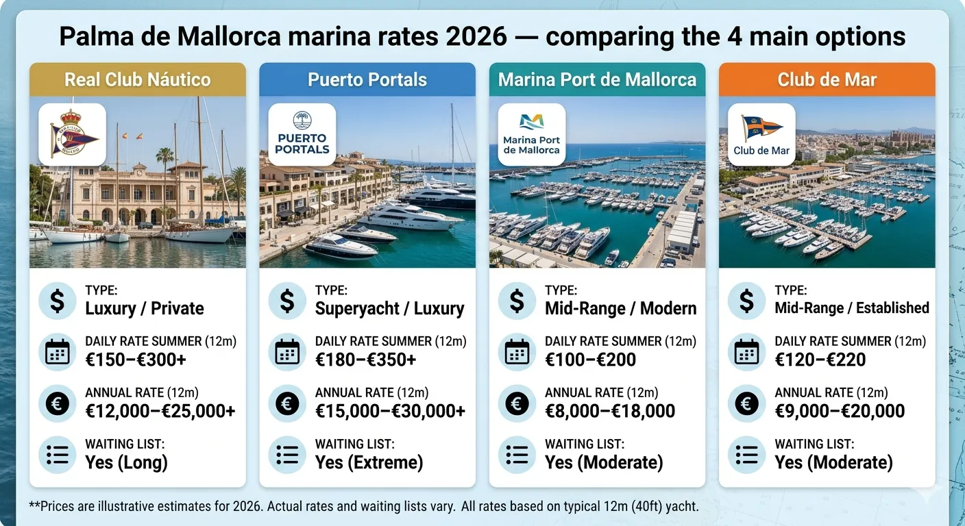 Palma de Mallorca marina rates 2026: Real Club Nautico luxury €12,000-€25,000/year, Puerto Portals superyacht €15,000-€30,000/year, Marina Port de Mallorca mid-range €8,000-€18,000/year, Club de Mar €9,000-€20,000/year — annual rates for 12m yacht
