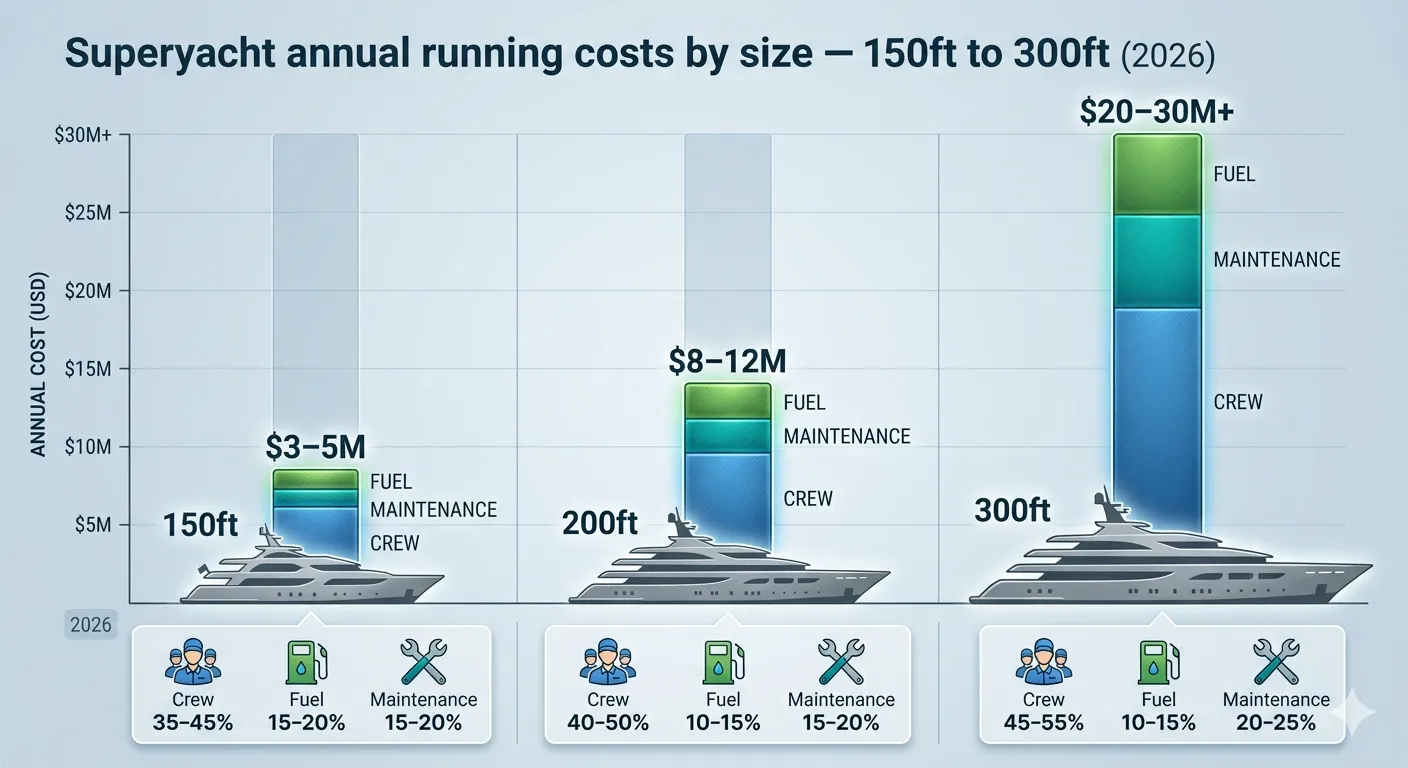 Superyacht annual running costs by size 2026: 150ft costs $3-5M per year, 200ft costs $8-12M, 300ft costs $20-30M+ — stacked bar chart showing crew, fuel, and maintenance breakdown