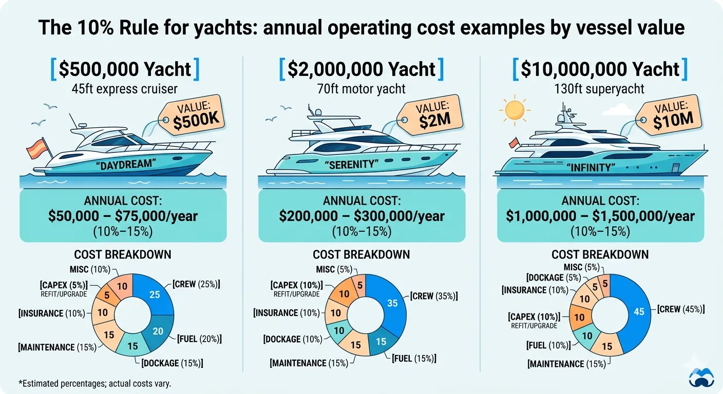 The 10% Rule for yachts: $500K yacht costs $50,000-$75,000/year, $2M yacht costs $200,000-$300,000/year, $10M superyacht costs $1,000,000-$1,500,000/year — with cost breakdown pie charts