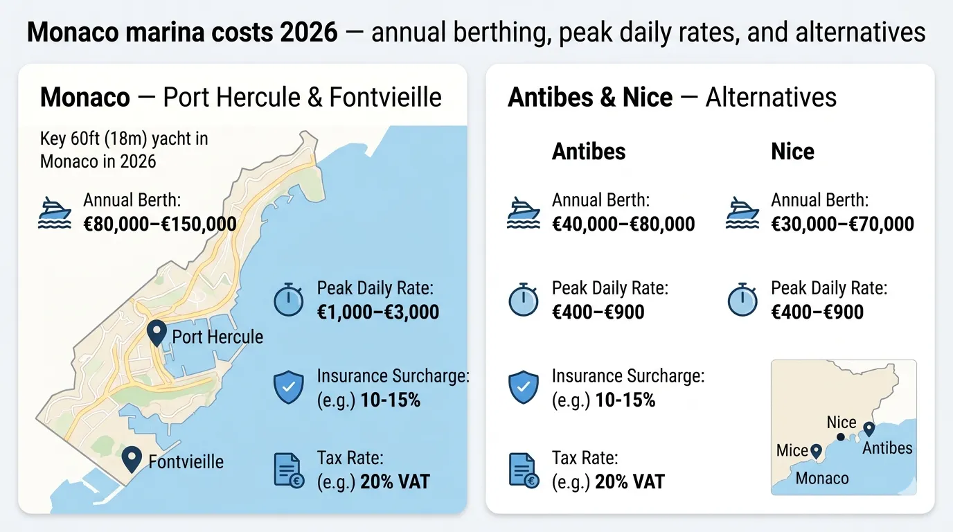 Monaco marina costs 2026: Port Hercule and Fontvieille annual berth €80,000-€150,000 for 60ft yacht, peak daily rate €1,000-€3,000; compared to Antibes €40,000-€80,000 and Nice €30,000-€70,000 annual berth
