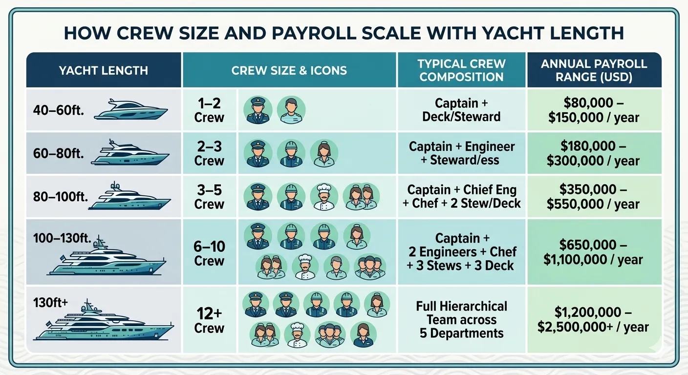 How crew size and payroll scale with yacht length: 40-60ft needs 1-2 crew at $80,000-$150,000/year, up to 130ft+ requiring 12+ crew at $1,200,000-$2,500,000+/year