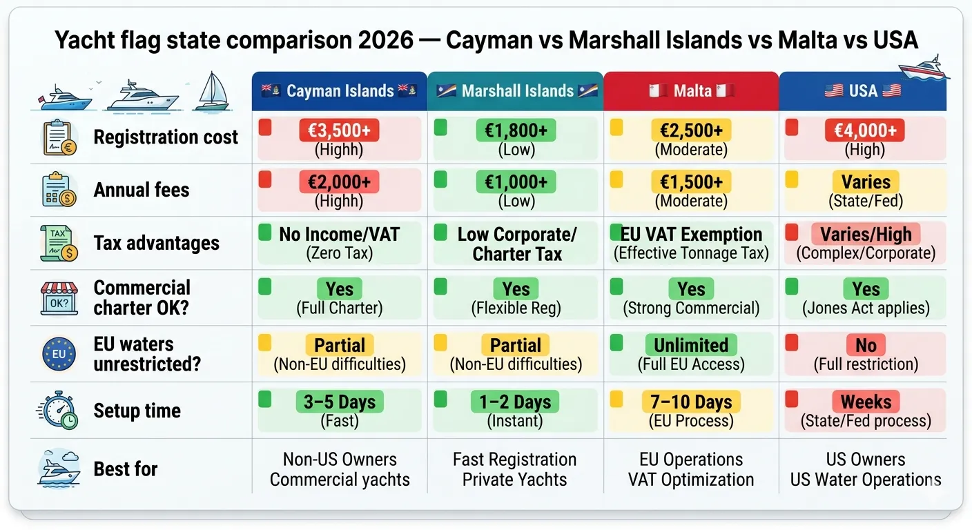 Yacht flag state comparison 2026: Cayman Islands vs Marshall Islands vs Malta vs USA — comparing registration cost, annual fees, tax advantages, EU waters access, setup time and best use case