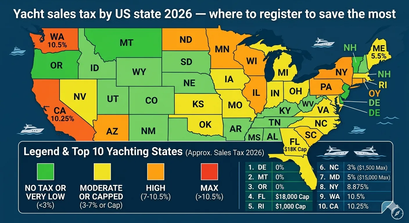 Yacht sales tax by US state 2026: Delaware, Montana, Oregon have 0% tax; Florida capped at $18,000; California 10.25%, Washington 10.5% — color-coded US map with top 10 yachting states